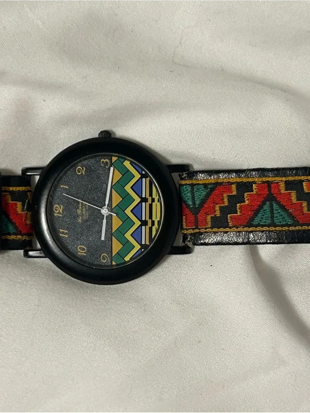 Black Dial Men’s Watch with Geometric Patterned Strap